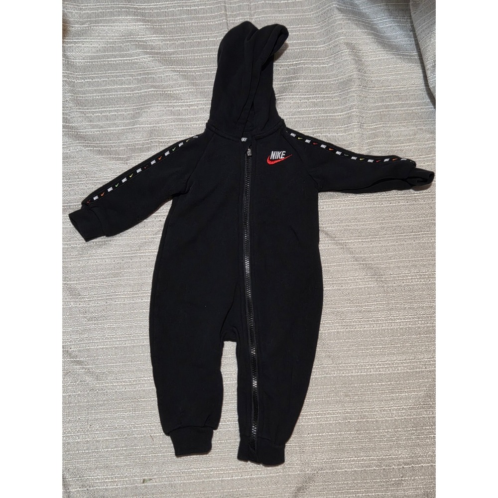 Nike Baby Boys Black Hooded Full Zip Fleece Romper Coverall Logo Tape 9M